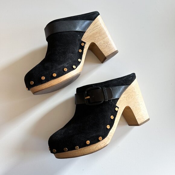 Veronica Beard Dacey Black Suede Studded High Heel Clogs Size 8.5 M - Picture 3 of 7